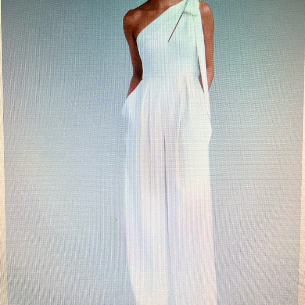 Amsale little white dress one shoulder jumpsuit.